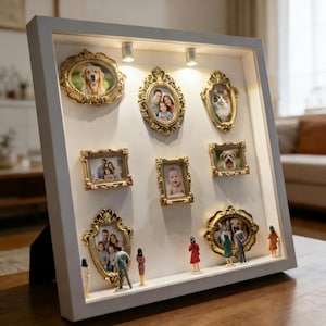 Może przedstawiać: Biała oprawiona gablota z dziewięcioma ozdobnymi złotymi ramkami na zdjęcia, każda z fotografią. Miniaturowe figurki umieszczone są u podstawy ekspozycji. Ekspozycja jest oświetlona trzema małymi reflektorami.