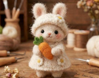 Needle Felted Bunny & DIY Kit, Wool Rabbit in Knitted Dress, Spring Decor