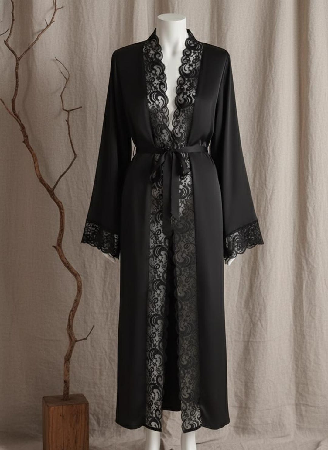 Romanic Female Robe Luxurious Silk-feel Long Lace Robe, Elegant Black Floor-length Bridal ...