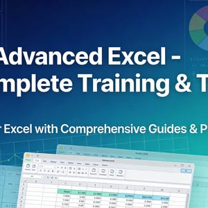 May include: A digital graphic with the text "Advanced Excel - Complete Training & Tips" in white. Below, the text "Master Excel with Comprehensive Guides & Pro Tips" is displayed. The background is a gradient of blue and green, with charts and spreadsheets.