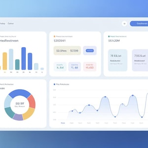 Puede incluir: Interfaz de panel digital con visualizaciones de datos. El diseño incluye gráficos de barras, gráficos circulares y gráficos de líneas que muestran métricas financieras y de rendimiento. La combinación de colores es principalmente azul y blanco.