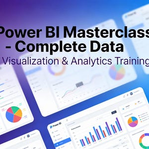 May include: Image showing several computer screens with data visualisations and analytics. The text reads "Power BI Masterclass - Complete Data" with "Visualization & Analytics Training" underneath. The screens display various charts and graphs.