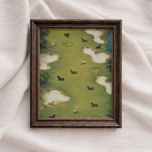 May include: A framed artwork featuring a whimsical golf course scene populated by dachshunds. The dogs, in various colors, are scattered across the green, near sand traps and trees. The frame is a dark, warm brown.