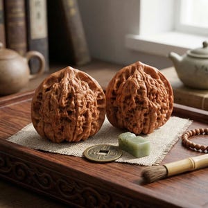 May include: Two intricately carved wooden walnuts, showcasing detailed textures and a natural brown hue. They rest on a wooden tray alongside a small jade carving, a coin, a beaded bracelet, and a brush, suggesting a focus on decorative art and collectibles.