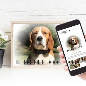 Marco conmemorativo digital con ondas sonoras para mascotas / Recuerdo con código QR personalizado y sitio web de homenaje privado