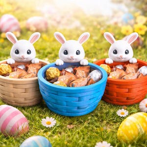 Op de afbeelding: Drie paashaasbeeldjes kijken over de randen van gevlochten manden gevuld met verpakte chocolaatjes. De manden zijn beige, blauw en rood, geplaatst op gras met versierde paaseieren en madeliefjes.