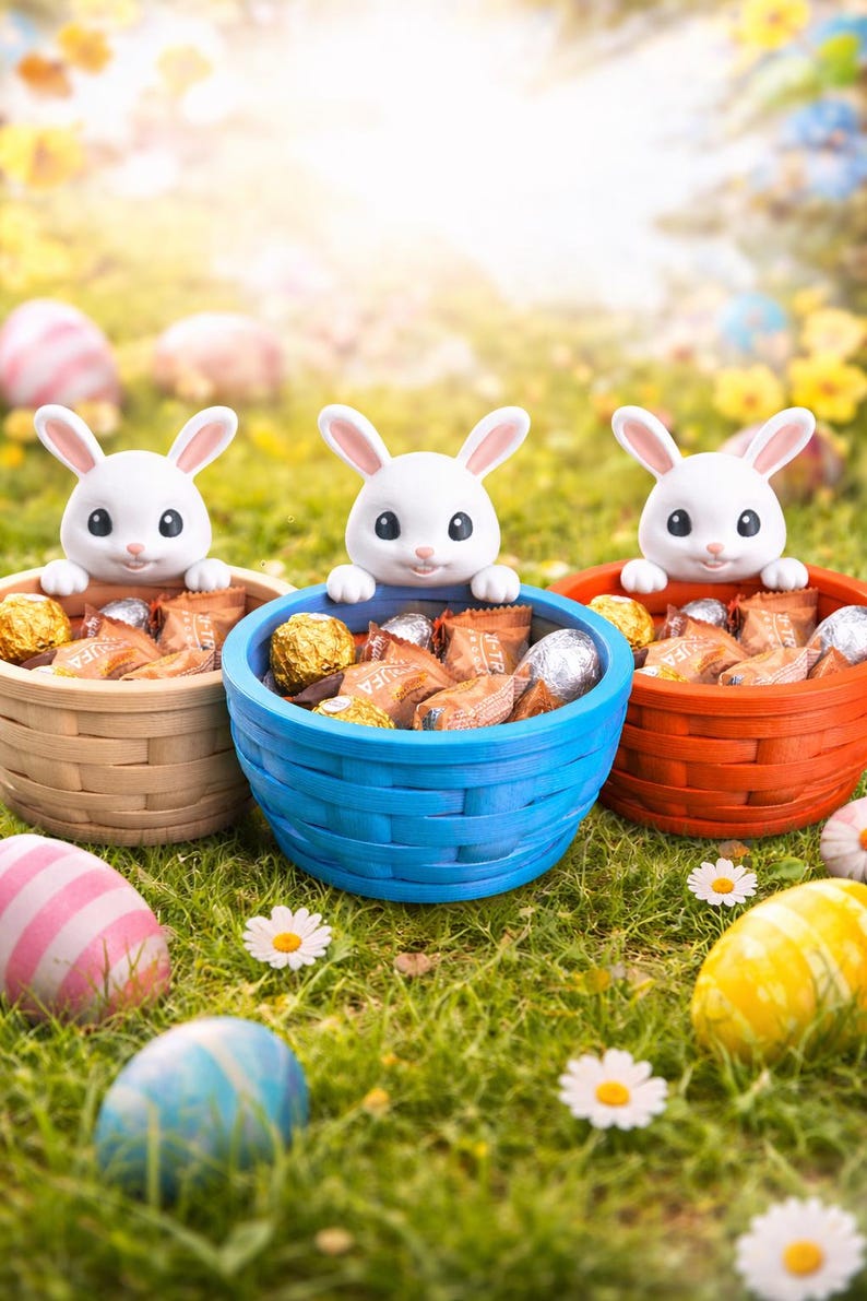 Op de afbeelding: Drie paashaasbeeldjes kijken over de randen van gevlochten manden gevuld met verpakte chocolaatjes. De manden zijn beige, blauw en rood, geplaatst op gras met versierde paaseieren en madeliefjes.