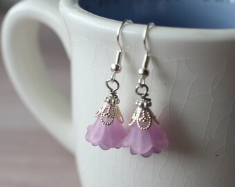 Flower Drop Earrings, purple lucite, sterling silver hooks, women's drop, dangle, understated, classy earrings