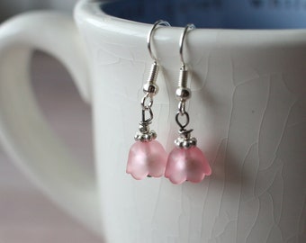 Flower Drop Earrings, pink lucite, sterling silver hooks, women's drop, dangle, understated, classy earrings