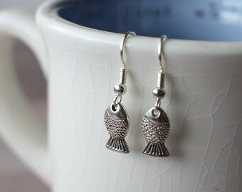 Fish Charm Earrings, sterling silver hooks, women's drop, dangle, understated, classy earrings