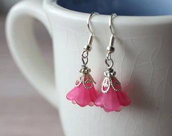 Flower Drop Earrings, pink lucite, sterling silver hooks, women's drop, dangle, understated, classy earrings