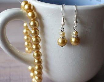 Gold Pearl Bead Earrings with Matching Bracelet, sterling silver hooks, women's drop, dangle, understated, classy earrings