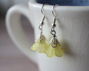 Flower Drop Earrings, yellow lucite, sterling silver hooks, women's drop, dangle, understated, classy earrings