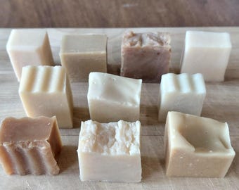 10 piece sample: Unscented Lye Soap Bars, Handmade Raw Soap for Sensitive Skin, assorted varieties