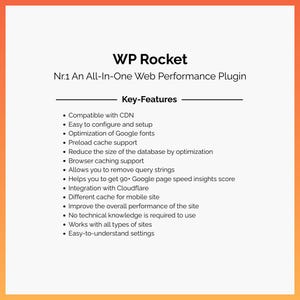 May include: A white and orange graphic with the text "WP Rocket Nr.1 An All-In-One Web Performance Plugin." Key features listed include CDN compatibility, easy setup, Google fonts optimization, and browser caching support.