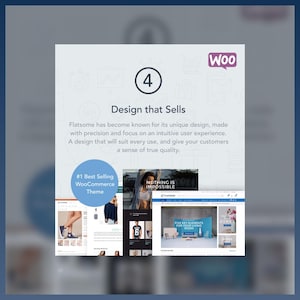 Może przedstawiać: Obraz promujący Flatsome, motyw WooCommerce, z tekstem &bdquo;Design that Sells&rdquo;. Podkreśla unikalny design i wrażenia użytkownika motywu. Obraz zawiera zrzuty ekranu ze stron internetowych i frazę &bdquo;Nothing is Impossible&rdquo;.