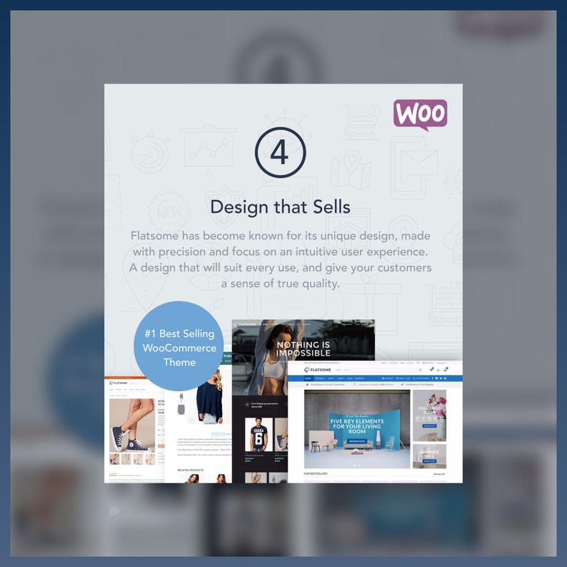 Może przedstawiać: Obraz promujący Flatsome, motyw WooCommerce, z tekstem &bdquo;Design that Sells&rdquo;. Podkreśla unikalny design i wrażenia użytkownika motywu. Obraz zawiera zrzuty ekranu ze stron internetowych i frazę &bdquo;Nothing is Impossible&rdquo;.