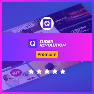 Könnte beinhalten: Eine digitale Grafik mit dem Slider Revolution-Logo, bestehend aus zwei weißen Pfeilen in einem violetten Quadrat, dem Text Slider Revolution, einem gelben Premium-Button und fünf horizontal angeordneten weißen Sternen vor einem blau-pinken Hintergrund.