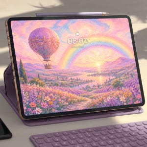 May include: A tablet computer in a purple case with a matching keyboard, displaying a digital illustration of a hot air balloon over a lavender field with a rainbow. The screen shows the time 08:00 and the date Sunday, 14 April.