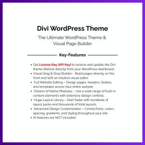 May include: A white graphic on a purple background advertises the Divi WordPress Theme. Text includes "The Ultimate WordPress Theme & Visual Page Builder" and key features such as a drag and drop builder and advanced design customization.