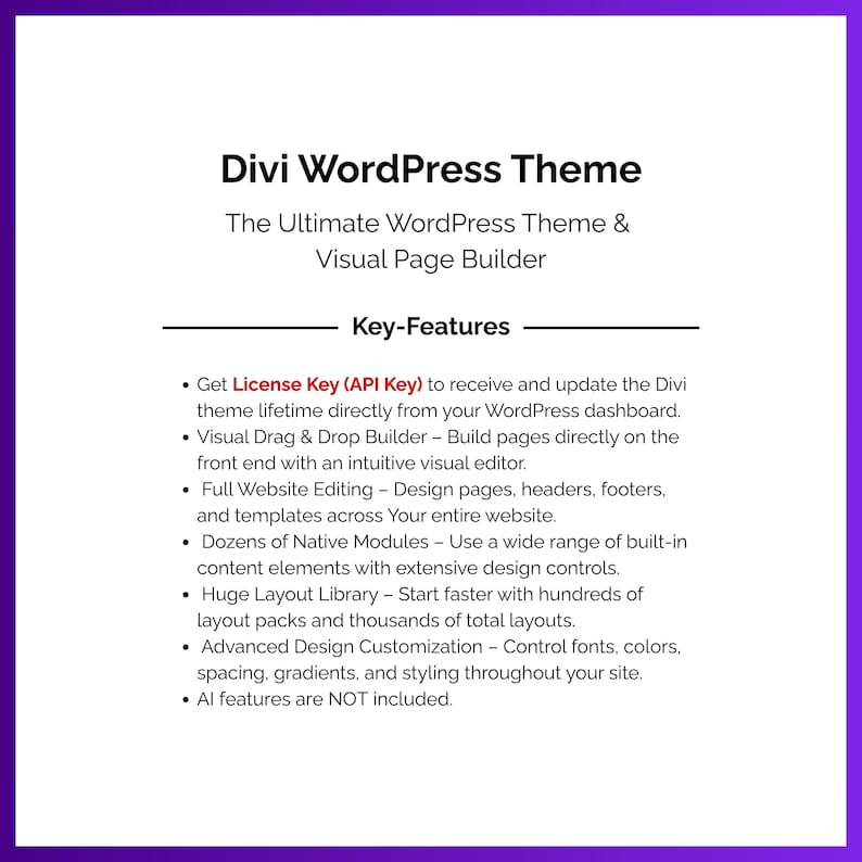 May include: A white graphic on a purple background advertises the Divi WordPress Theme. Text includes "The Ultimate WordPress Theme & Visual Page Builder" and key features such as a drag and drop builder and advanced design customization.