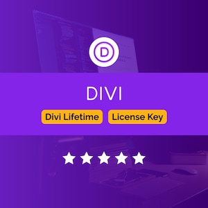 Puede incluir: Gráfico púrpura con la palabra «DIVI» en blanco. Debajo, dos rectángulos amarillos indican «Divi Lifetime» y «License Key». Una «D» blanca en un círculo en la parte superior. Cinco estrellas blancas en la parte inferior.