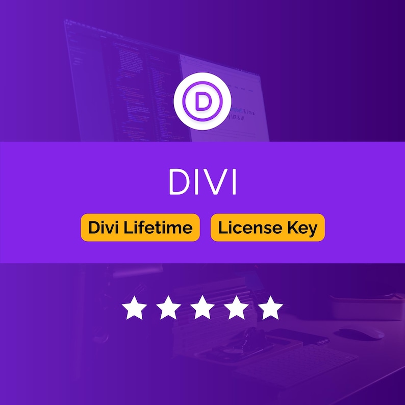 May include: A purple graphic with the word "DIVI" in white. Below, two yellow rectangles read "Divi Lifetime" and "License Key." A white "D" in a circle is at the top. Five white stars are at the bottom.