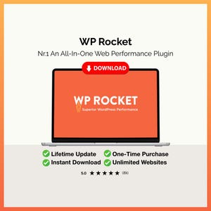 May include: A laptop displays the text "WP Rocket" in white on an orange background, with the tagline "Superior WordPress Performance." The image includes a download button and lists features like lifetime updates and unlimited websites.
