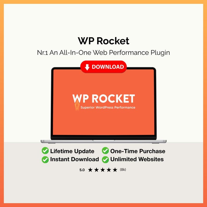 May include: A laptop displays the text "WP Rocket" in white on an orange background, with the tagline "Superior WordPress Performance." The image includes a download button and lists features like lifetime updates and unlimited websites.