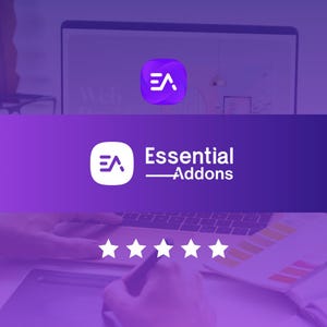 May include: A purple graphic with the text "Essential Addons" and the letters "EA" in a white square. The image also shows a laptop screen and a hand using a stylus on a tablet, with five white stars.