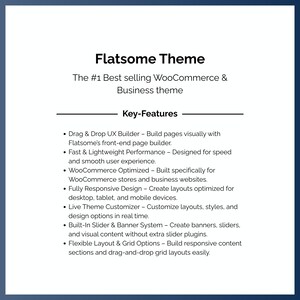 Może przedstawiać: Biało-niebieska grafika reklamująca "Flatsome Theme", najlepiej sprzedający się motyw WooCommerce & Business. Wymienia kluczowe funkcje, takie jak kreator UX typu drag & drop i szybka wydajność.