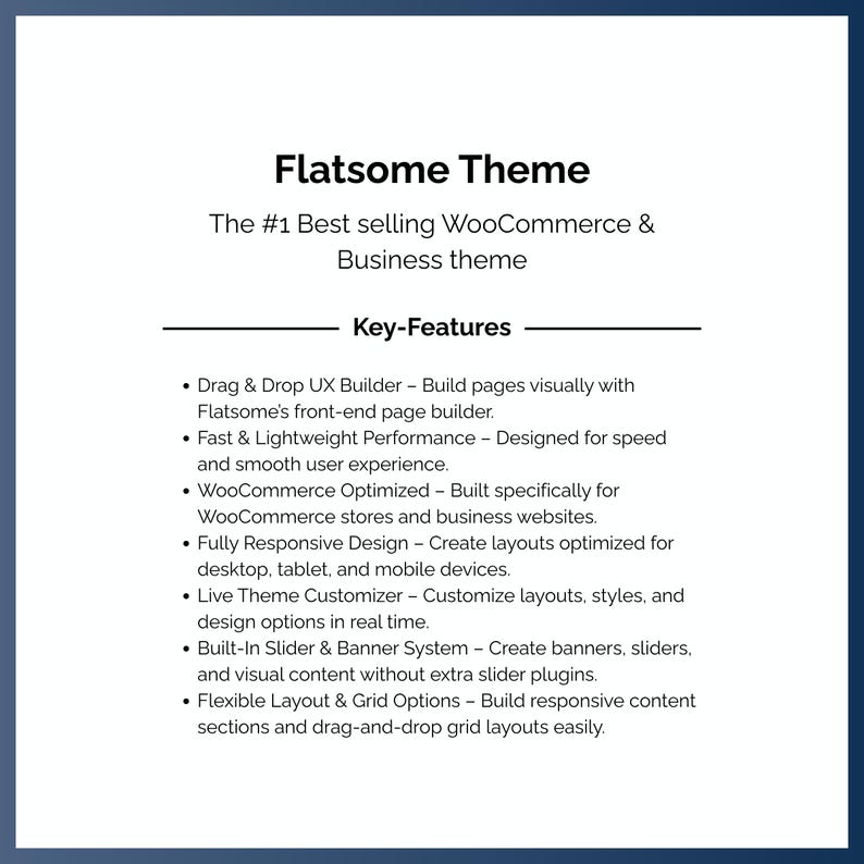 Może przedstawiać: Biało-niebieska grafika reklamująca "Flatsome Theme", najlepiej sprzedający się motyw WooCommerce & Business. Wymienia kluczowe funkcje, takie jak kreator UX typu drag & drop i szybka wydajność.