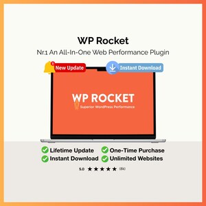 May include: A laptop screen displays the text "WP Rocket" in white over an orange background. The text "Superior WordPress Performance" is below. Additional text includes "Lifetime Update," "Instant Download," "One-Time Purchase," and "Unlimited Websites."