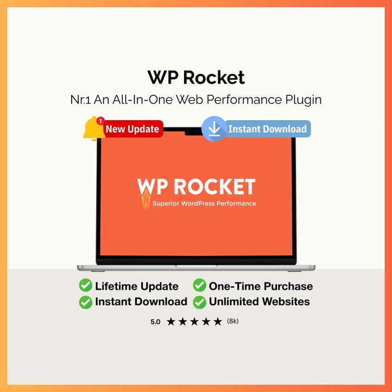 May include: A laptop screen displays the text "WP Rocket" in white over an orange background. The text "Superior WordPress Performance" is below. Additional text includes "Lifetime Update," "Instant Download," "One-Time Purchase," and "Unlimited Websites."