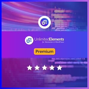 Könnte beinhalten: Eine digitale Grafik mit dem Logo von Unlimited Elements for Elementor & WordPress in Weiß und Blau, einem gelben Premium-Button und fünf weißen Sternen vor einem violetten und blauen Hintergrund mit abstraktem Code und Lichtstreifen.