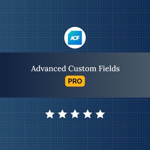 Puede incluir: Gráfico digital con fondo de cuadrícula azul. La imagen presenta un círculo blanco con "ACF" en azul, una pancarta azul oscuro con el texto "Advanced Custom Fields PRO" y cinco estrellas blancas.