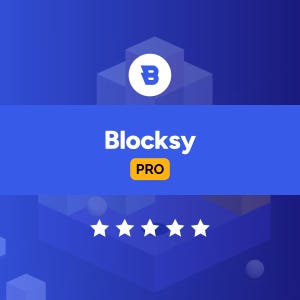 May include: A digital graphic with a blue and white background. The word "Blocksy" is displayed in white text on a blue banner, with "PRO" in a yellow box below. A white "B" is inside a white circle. Five white stars are at the bottom.