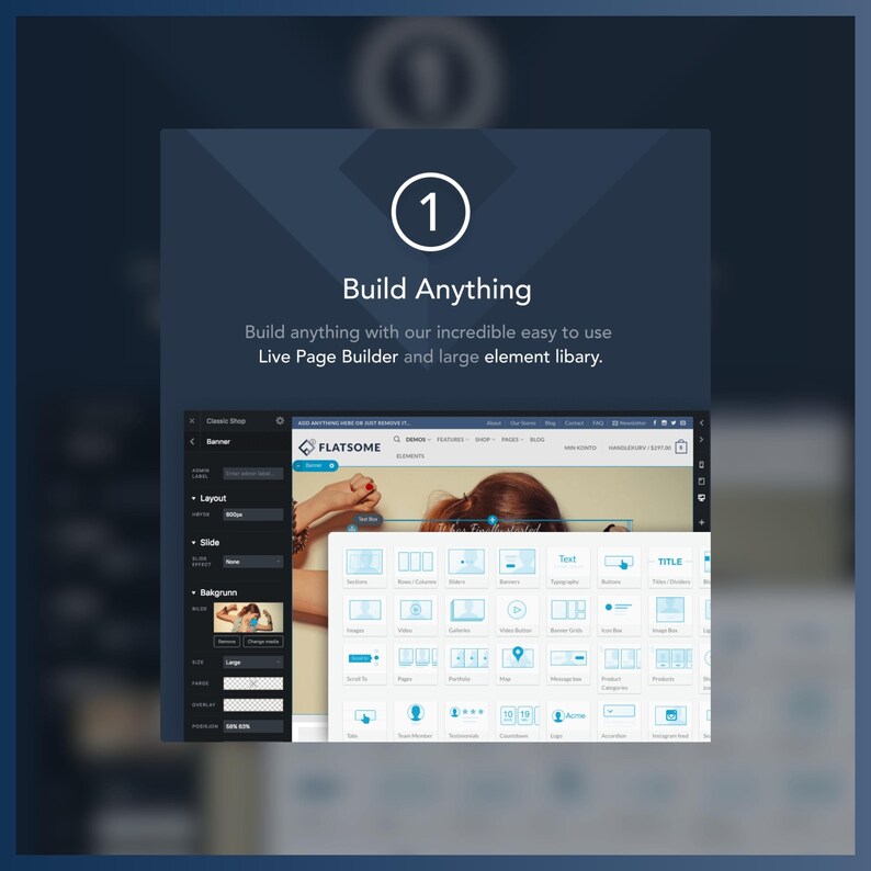 Może przedstawiać: Ciemnoniebieska grafika z cyfrą 1 i tekstem &bdquo;Build Anything&rdquo;. Poniżej napis &bdquo;Build anything with our incredible easy to use Live Page Builder and large element libary&rdquo;. Wyświetlany jest interfejs kreatora stron internetowych.