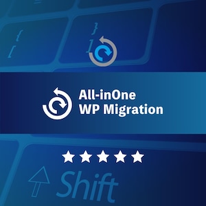 May include: A blue and white graphic with the text "All-inOne WP Migration" and a five-star rating. The image features a keyboard background and a circular arrow icon, suggesting a digital or software theme.