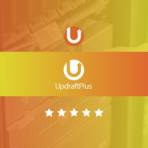 Może przedstawiać: Logo UpdraftPlus z białym 'U' z strzałką skierowaną w górę w okręgu, na tle pomarańczowo-żółtego gradientu. Tekst 'UpdraftPlus' znajduje się poniżej, z pięciogwiazdkową oceną na dole.