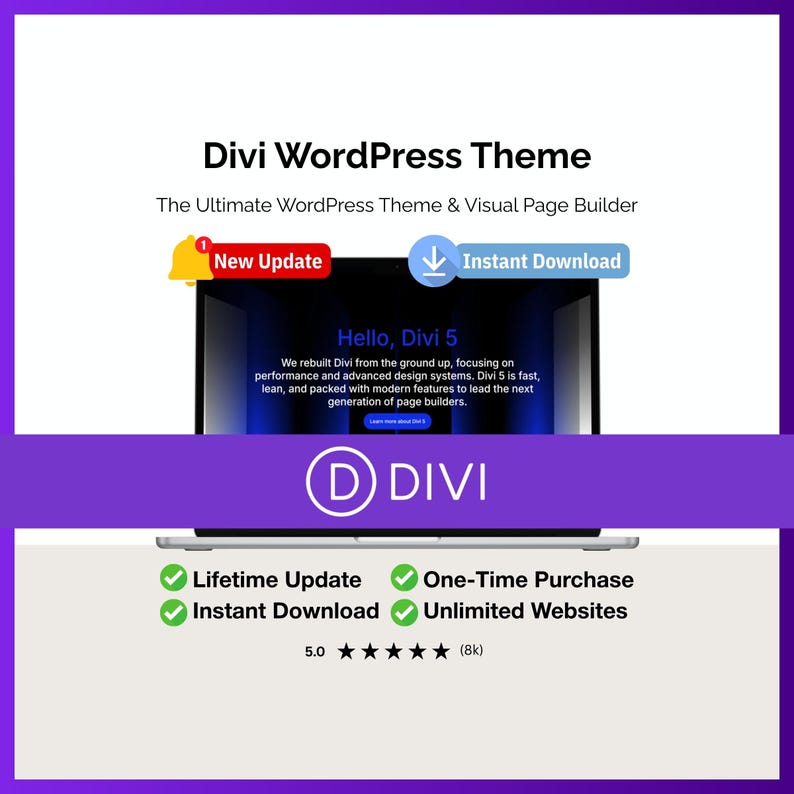 May include: A promotional image for the Divi WordPress Theme. The image features the text "Divi WordPress Theme" and "The Ultimate WordPress Theme & Visual Page Builder." Additional text includes "New Update," "Instant Download," and "Hello, Divi 5."