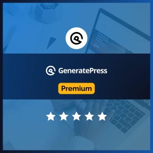 May include: A digital graphic featuring the GeneratePress logo, a circular icon with a stylized letter G, and the text GeneratePress Premium. Below the text, a row of five white stars is displayed against a dark blue background overlay.