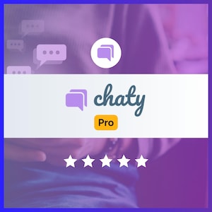 May include: A digital graphic featuring the text Chaty Pro in dark blue letters next to a purple speech bubble icon. Below the text is a yellow rectangle with the word Pro. Five white stars are arranged in a horizontal row at the bottom.