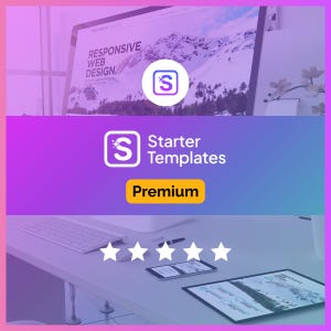 Könnte beinhalten: Eine digitale Grafik mit dem Text Starter Templates Premium auf einem violett-blauen Farbverlaufshintergrund. Das Logo zeigt ein weißes S mit einem Funkeln-Symbol in einem abgerundeten Quadrat. Fünf weiße Sterne befinden sich unter dem Text.