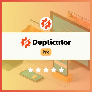 May include: A white rectangular graphic featuring the orange Duplicator Pro logo, which consists of a gear icon with two arrows and the text Duplicator Pro. Below the text, five white stars are displayed in a horizontal row against a background.