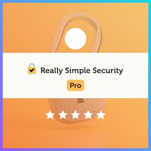 Puede incluir: Un gráfico digital que presenta un icono de candado naranja estilizado con un círculo blanco encima. Una franja horizontal blanca muestra el texto Really Simple Security, un pequeño icono de candado con una marca de verificación, una etiqueta Pro y cinco estrellas blancas.