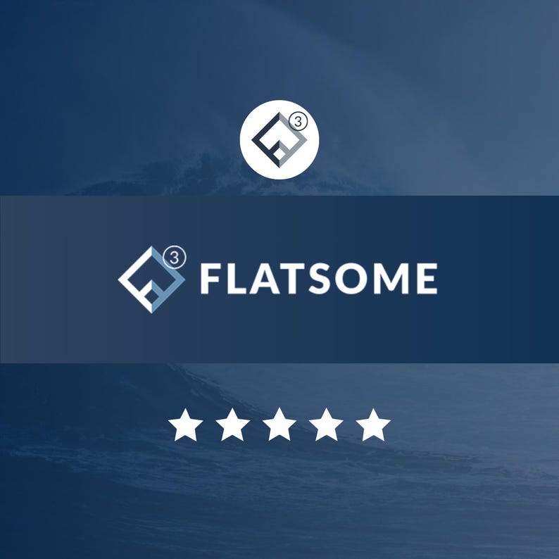 Może przedstawiać: Ciemnoniebieska grafika z białym napisem "FLATSOME". Nad tekstem biało-niebieskie logo z cyfrą 3 w okręgu. Poniżej pięć białych gwiazd.