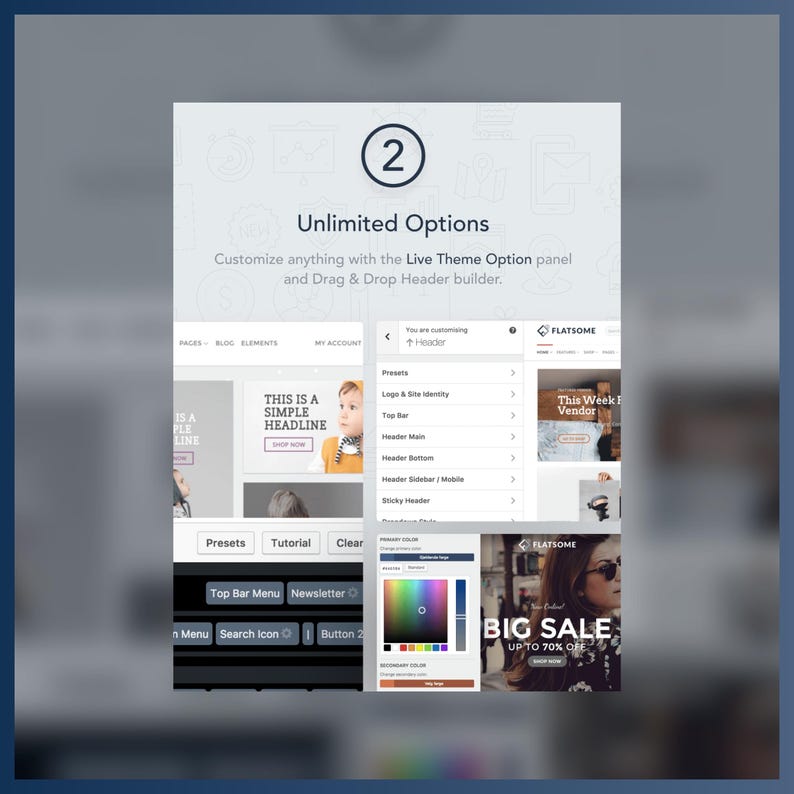 Może przedstawiać: Cyfrowy interfejs z tekstem "Unlimited Options" i "Customize anything with the Live Theme Option panel and Drag & Drop Header builder." Interfejs wyświetla elementy projektu strony internetowej, w tym paletę kolor&oacute;w i baner "BIG SALE".