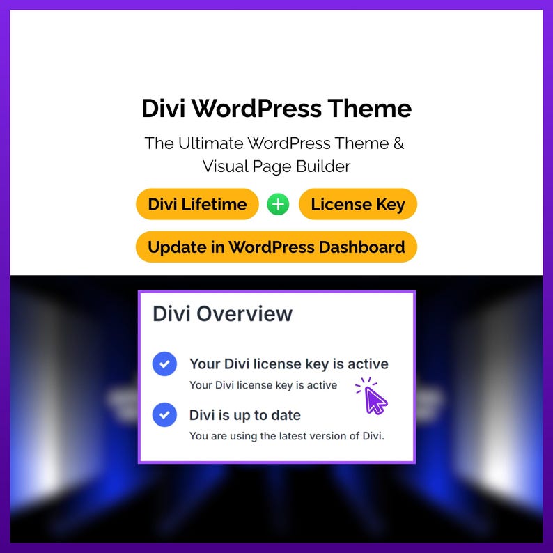 May include: A digital graphic promoting the Divi WordPress Theme. The text includes "Divi WordPress Theme," "The Ultimate WordPress Theme & Visual Page Builder," and options for "Divi Lifetime" and "License Key."