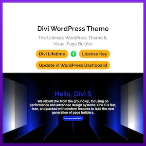 May include: A promotional image for the Divi WordPress Theme. The top section features the text "Divi WordPress Theme" and "The Ultimate WordPress Theme & Visual Page Builder." Below are buttons for "Divi Lifetime" and "License Key."